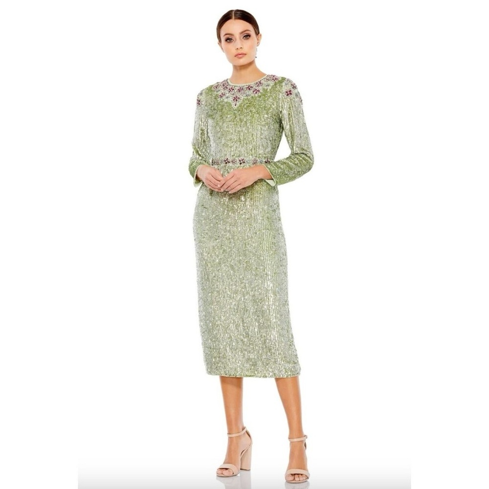 NWT MAC DUGGAL Spring Floral Burst Sage Beaded Tea Length Gown